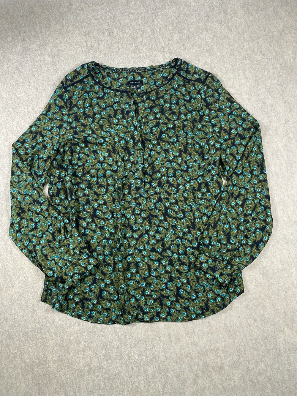 Talbots Peacock Feather Print Blouse Top Black Green Blue Size Medium